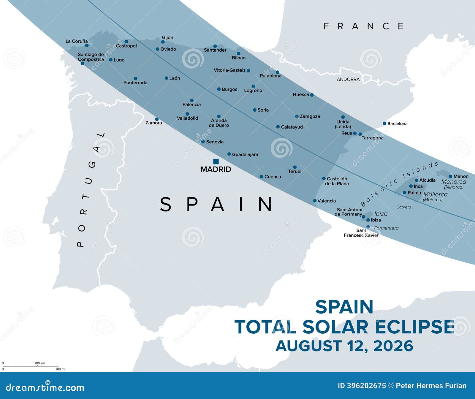 2026 Total Solar Eclipse Path Map over Spain and Mediterranean